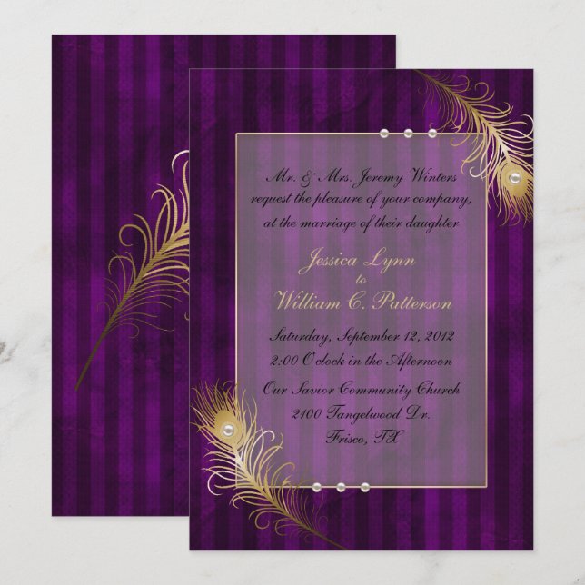 Golden Peacock Feathers & Pearls Wedding Invitation (Front/Back)