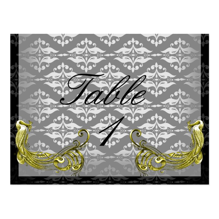 Golden Peacock Illustration Damask on Table Number Post Cards