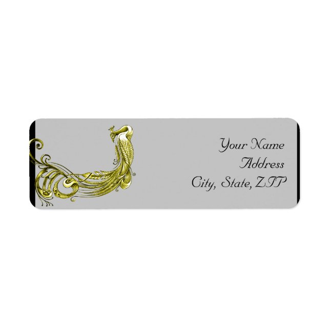 Golden Peacock Illustration Damask Return Address Label (Front)