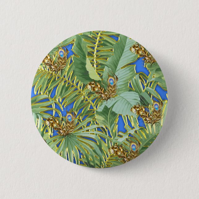 Golden Peacock Leaves on Cerulean Blue  Button (Front)