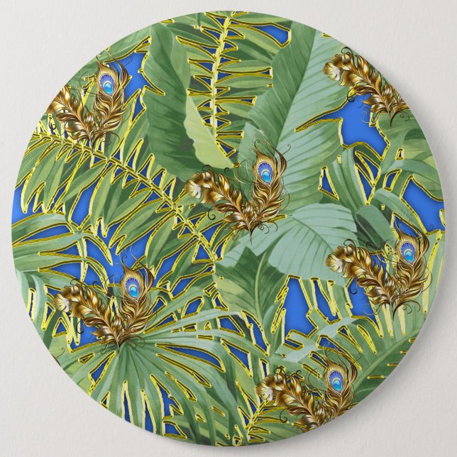 Golden Peacock Leaves on Cerulean Blue Button (Front)