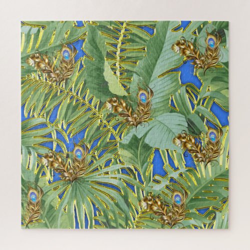 Golden Peacock Leaves on Cerulean Blue Jigsaw Puzzle