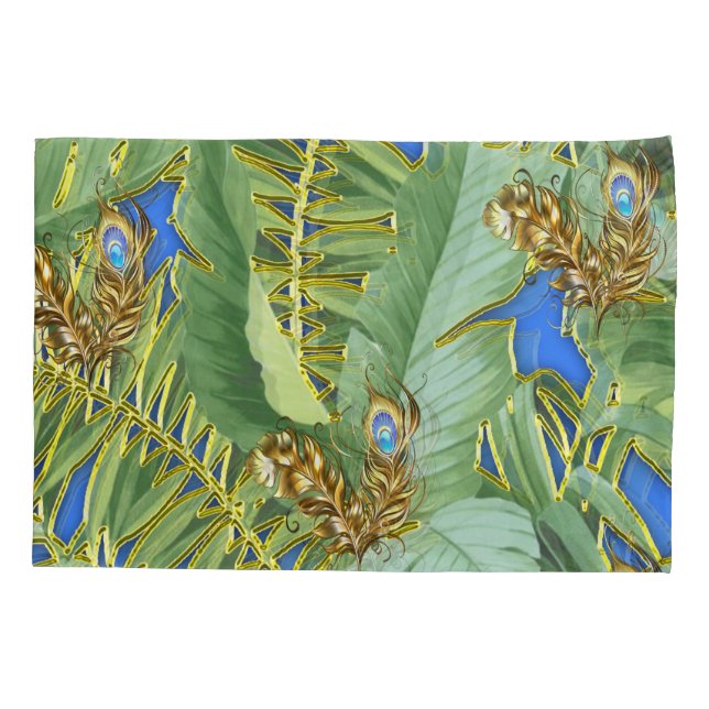 Golden Peacock Leaves on Cerulean Blue Pillow Case (Back)