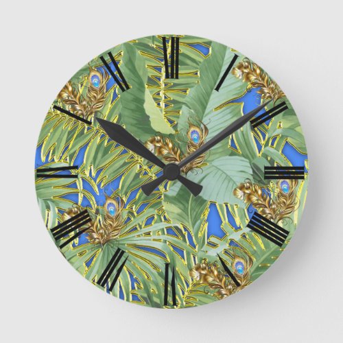 Golden Peacock Leaves on Cerulean Blue Round Clock