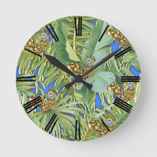 Golden Peacock Leaves on Cerulean Blue Round Clock (Front)