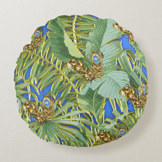 Golden Peacock Leaves on Cerulean Blue Round Pillow (Front)