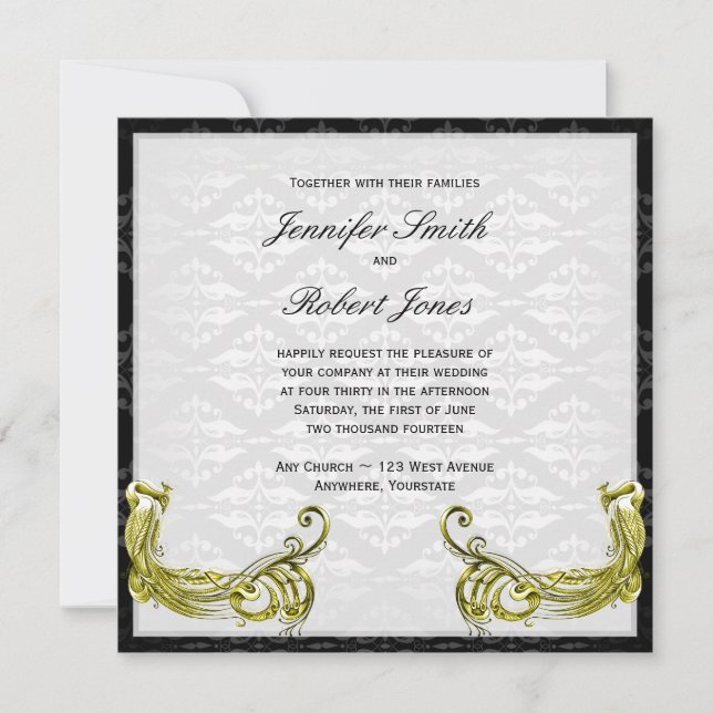 Golden Peacock on Damask Wedding Invitation (Front)