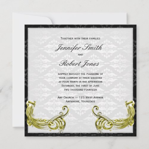 Golden Peacock Illustration on Damask Invitation