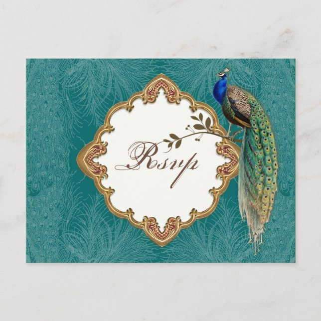 Golden Peacock & Swirls - RSVP Response Postcard (Front)