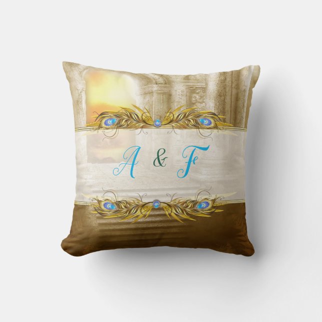 Golden Peacock Temple Dreams Throw Pillow (Front)