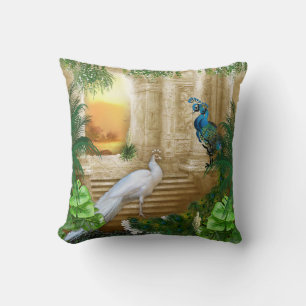 Golden Peacock Temple Dreams Throw Pillow