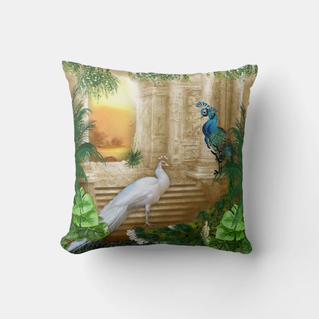 Golden Peacock Temple Dreams Throw Pillow (Front)