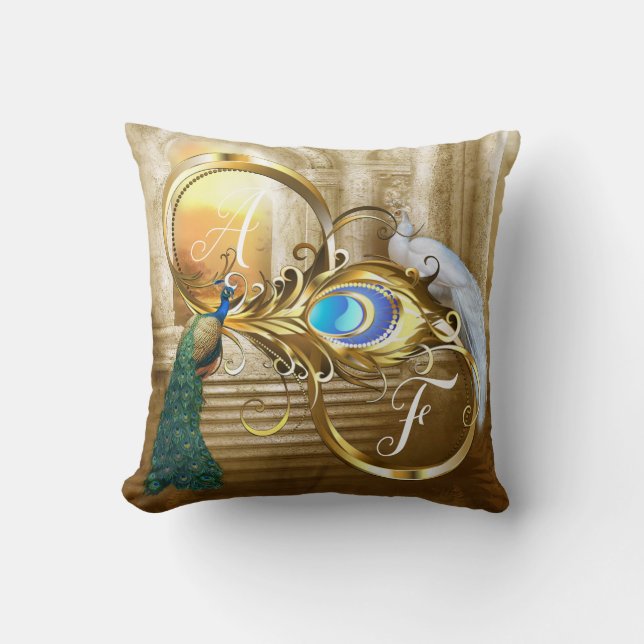 Golden Peacock Temple Dreams Throw Pillow (Front)