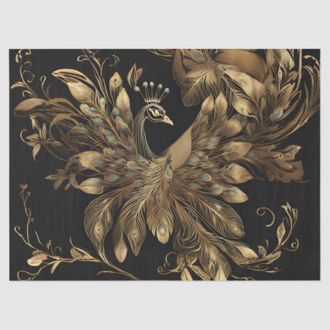 Golden Peacock With Blue Feathers on Black Tissue Paper (Front)