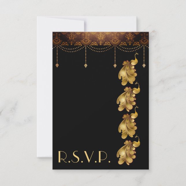Golden Peacocks, Ancient Egyptian Art Deco Wedding RSVP Card (Front)