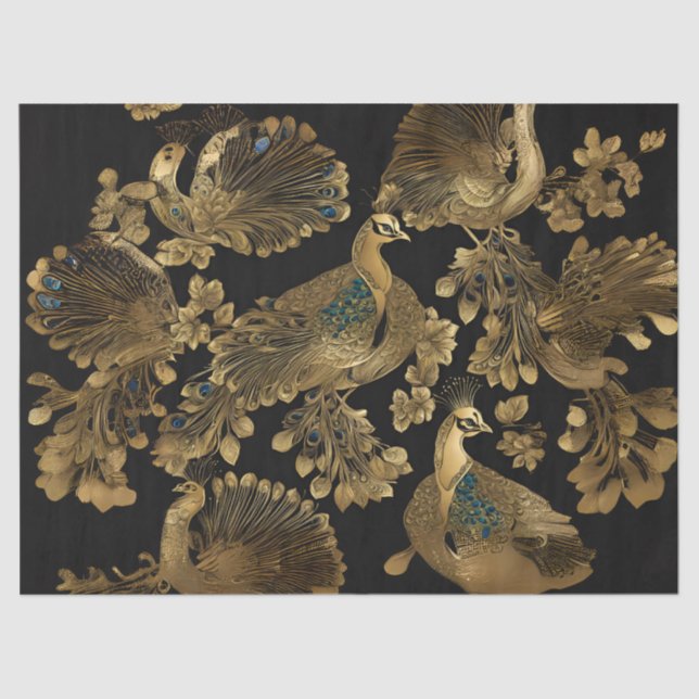 Golden Peacocks on Black Tissue Paper (Front)