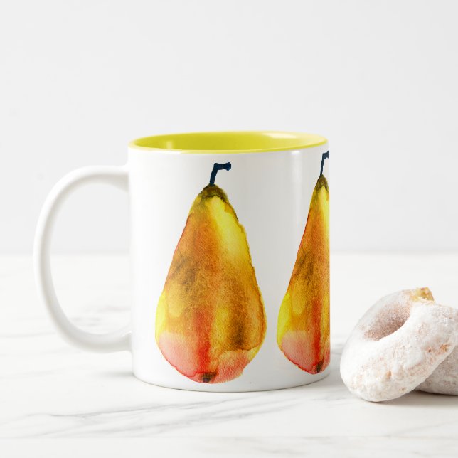 Golden Pear Fruit art Two-Tone Coffee Mug (With Donut)