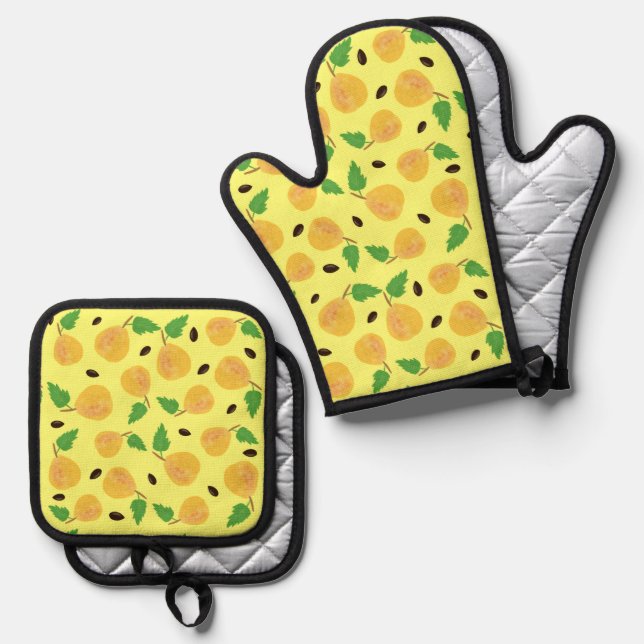 Golden Pears Collection Yellow Bright Oven Mitt & Pot Holder Set (Front/Back)