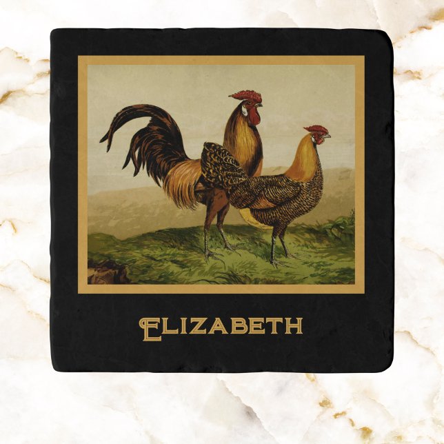 Golden Penciled Hamburg Roosters Black Monogram Trivet (Creator Uploaded)