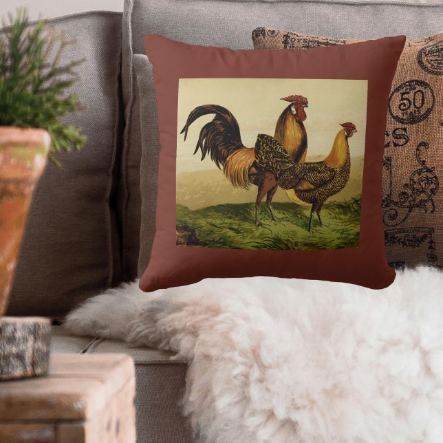Golden Penciled Hamburg Roosters Hens on Farm Throw Pillow (Creator Uploaded)