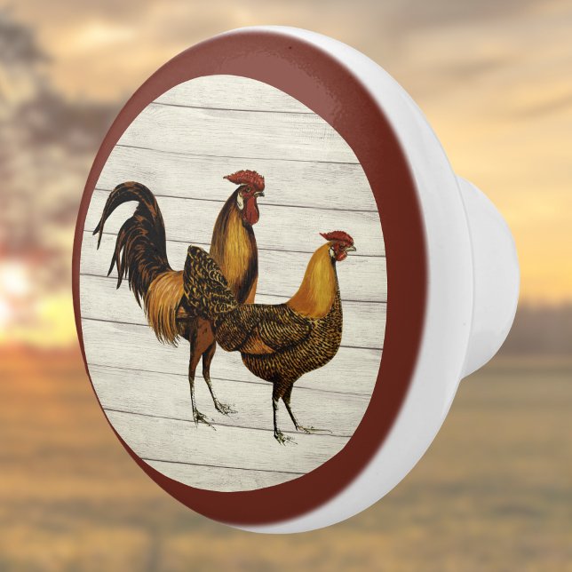 Golden Penciled Hamburg Roosters Maroon Farmhouse Ceramic Knob (Creator Uploaded)