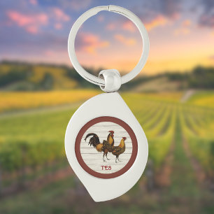 Golden Penciled Hamburg Roosters Maroon Monogram Keychain