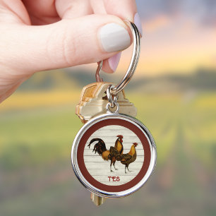 Golden Penciled Hamburg Roosters Maroon Monogram Keychain