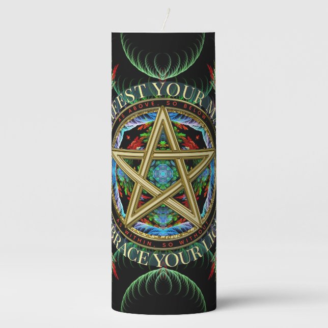 Golden Pentacle Magick Fractals Pillar Candle (Front)
