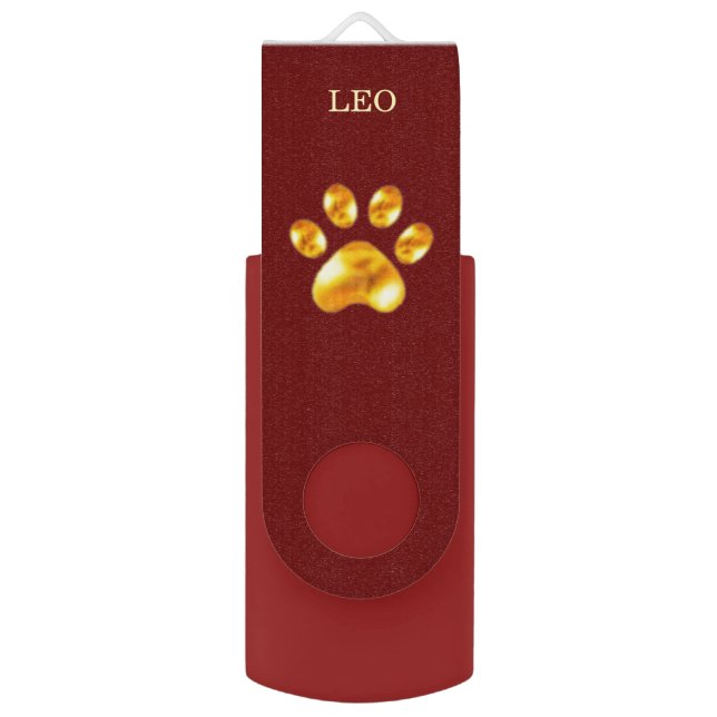 Golden pet paw on burgundy red flash drive (Front Vertical)