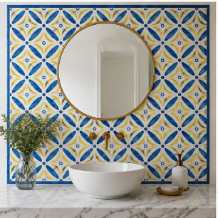 Golden Petals Modern Blue Yellow Floral Mosaic Ceramic Tile