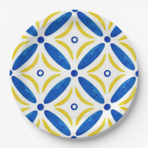 Golden Petals Modern Blue Yellow Floral Mosaic Paper Plates