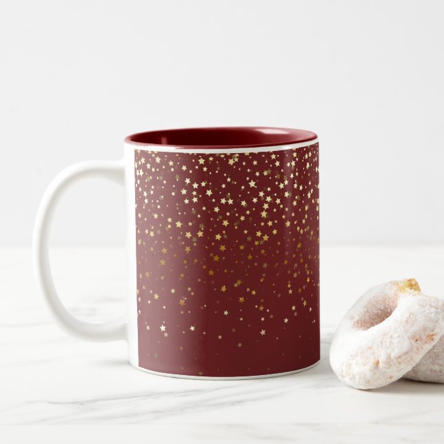 Golden Petite Stars Coffee Mug-Burgundy Two-Tone Coffee Mug (With Donut)