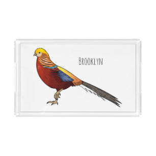 Golden pheasant bird cartoon illustration acrylic tray