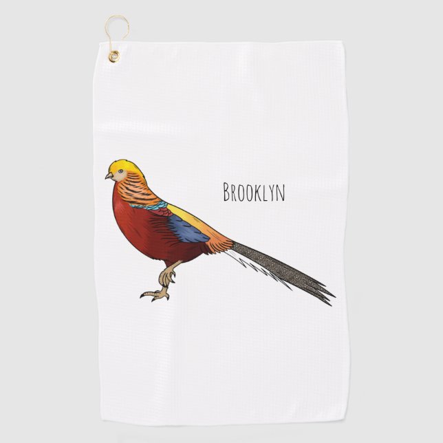 Golden pheasant bird cartoon illustration golf towel (Front)
