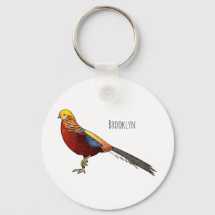 Golden pheasant bird cartoon illustration keychain