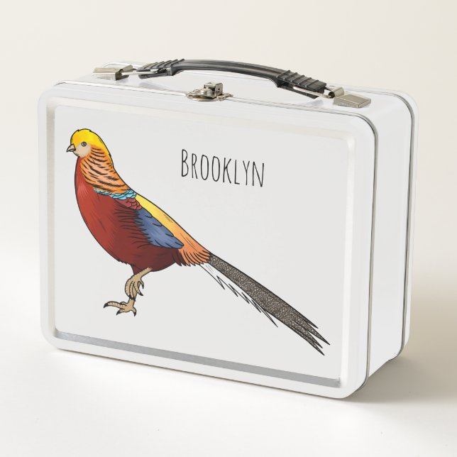 Golden pheasant bird cartoon illustration metal lunch box (Front)