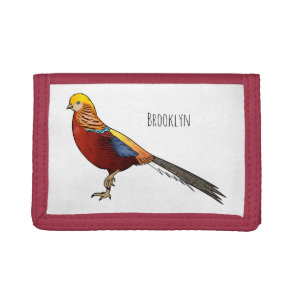 Golden pheasant bird cartoon illustration tri-fold wallet