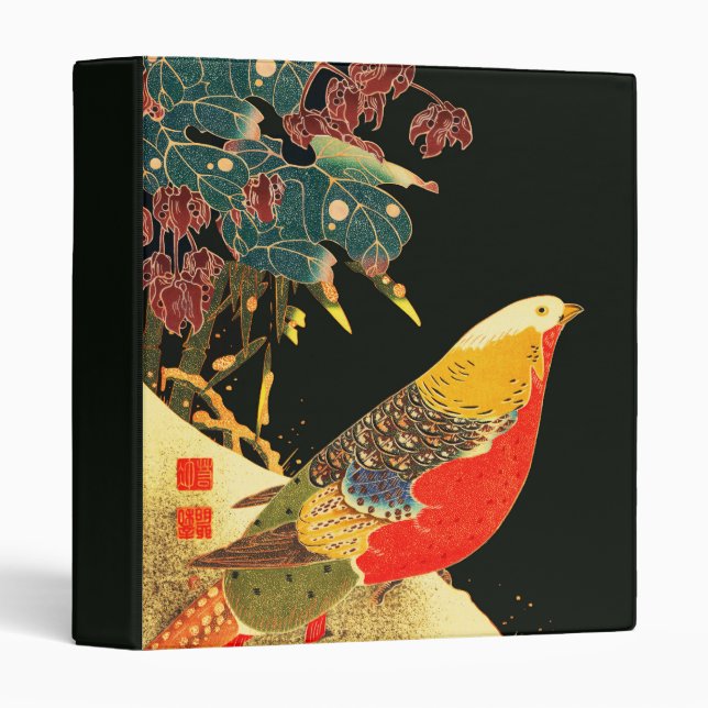 Golden Pheasant in Snow Antique Japanese Floral  3 Ring Binder (Front/Spine)