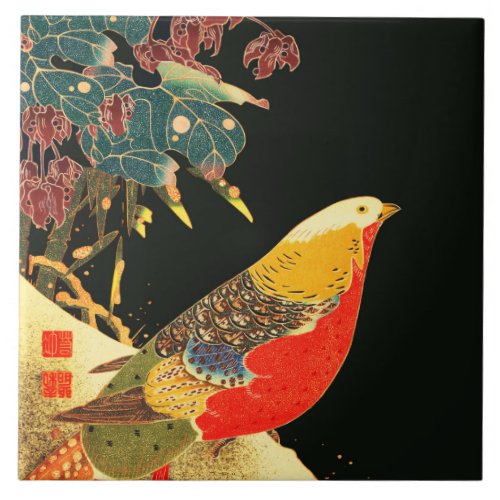 Golden Pheasant in Snow Antique Japanese Floral  Ceramic Tile