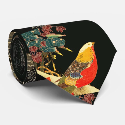 Golden Pheasant in Snow Antique Japanese Floral  Neck Tie