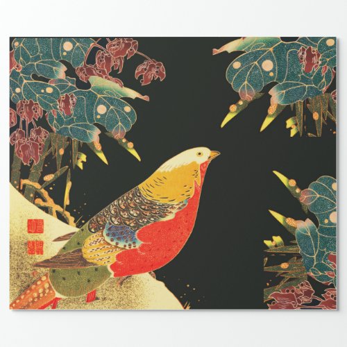Golden Pheasant in Snow Antique Japanese Floral  Wrapping Paper