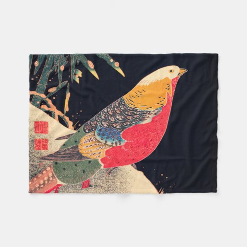 Golden Pheasant Vintage Bird Japanese Woodblock Pr Fleece Blanket