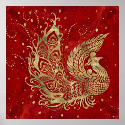 Golden Phoenix Bird on red Poster