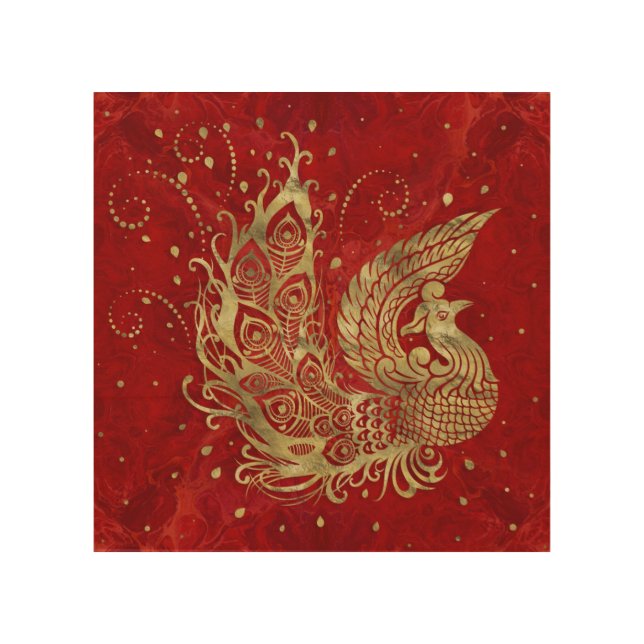 Golden Phoenix Bird on red Wood Wall Art (Front)