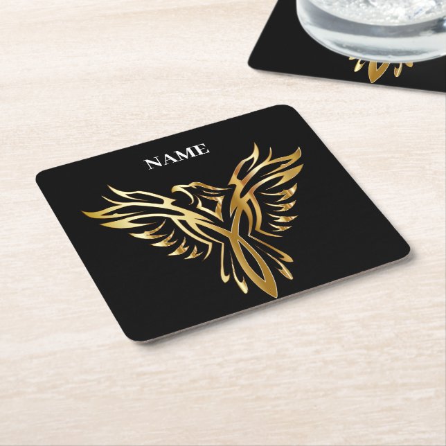 Golden phoenix, elegance square paper coaster (Angled)