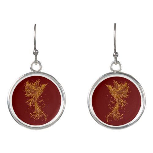 Golden Phoenix Lineart Red Earrings