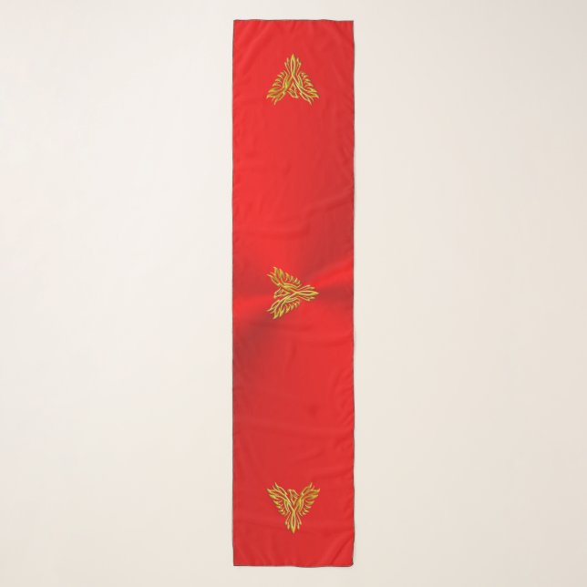 Golden phoenix on red polished chrome-effect scarf (Front)