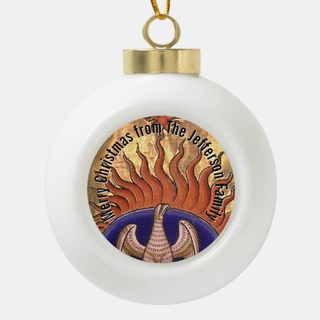 Golden Phoenix Personalized Ceramic Ball Christmas Ornament (Front)