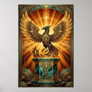 Golden Phoenix Rising Art Deco Illustration Poster