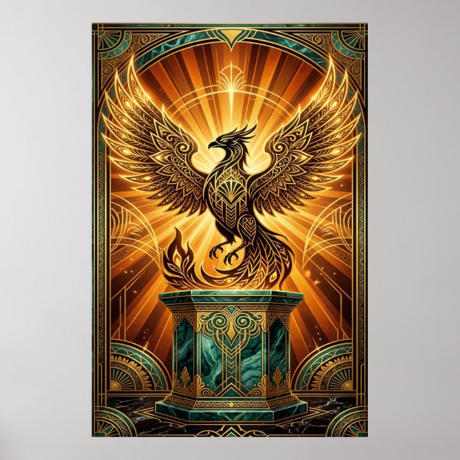 Golden Phoenix Rising Art Deco Illustration Poster (Front)